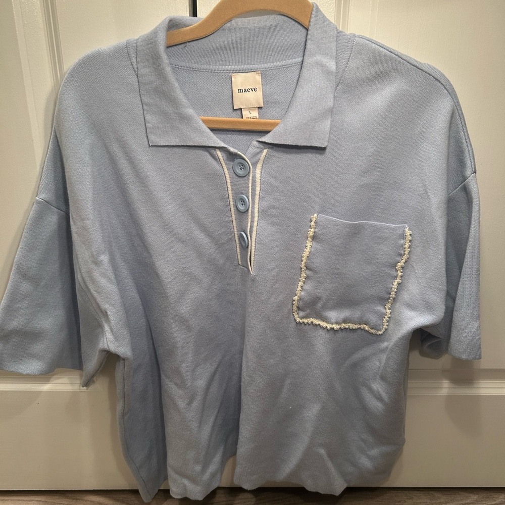 Maeve Light Blue Polo Short Sleeve Sweater Button Beaded Front Pocket Large Soft